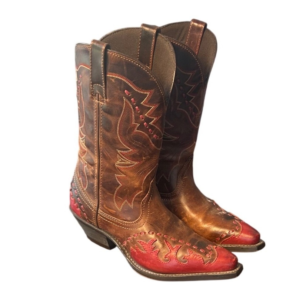 Laredo Western Boots 8.5M Brown Red Leather Snip Toe Flame Stitch Cowgirl Boho